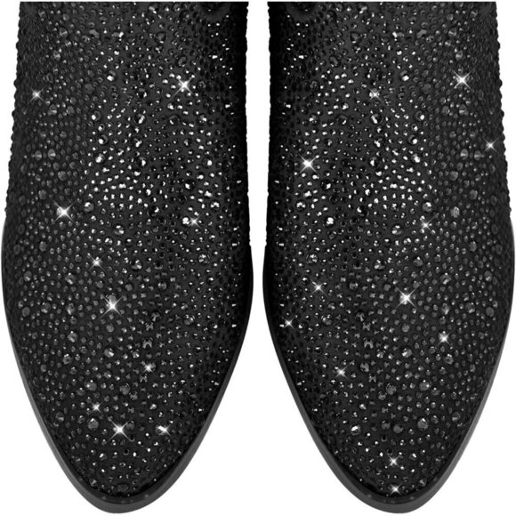 Sparkly Rhinestones Fauxt Sequins Black Leather High Calf Heeled Boots For Women - Picture 4 of 5